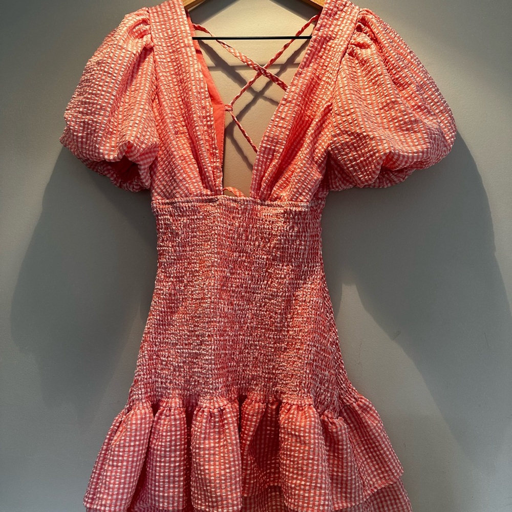 Shein Haute Pink Gingham Puff Sleeve Dress